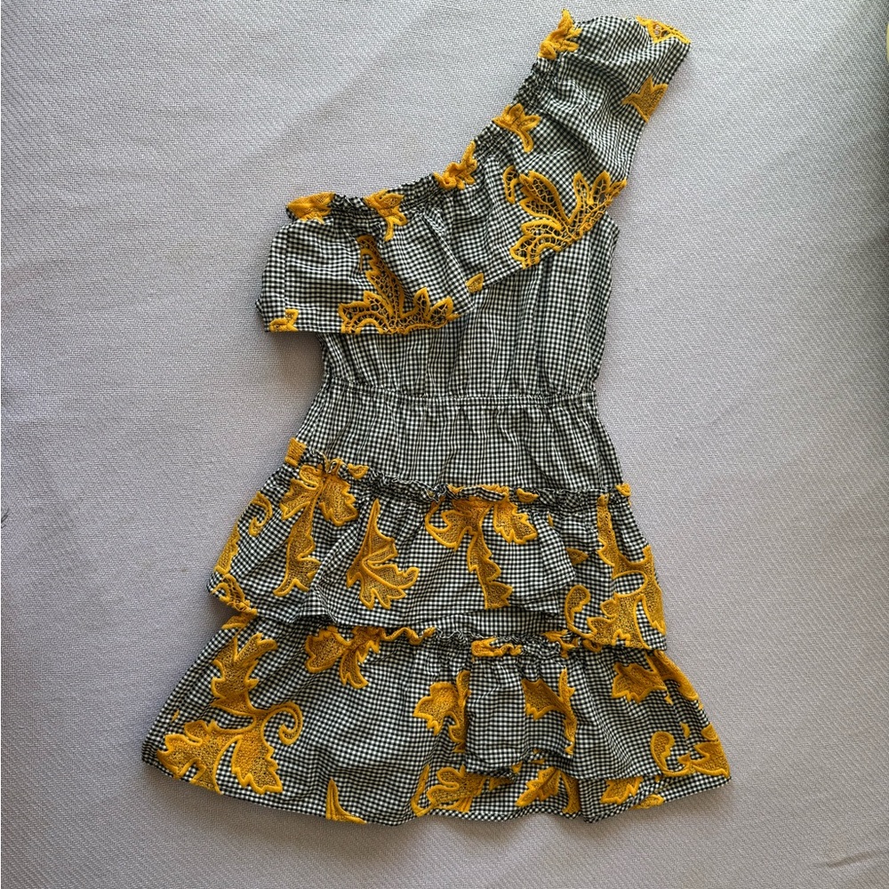 Sandro One-Shoulder Gingham Dress with Yellow Floral Appliqué